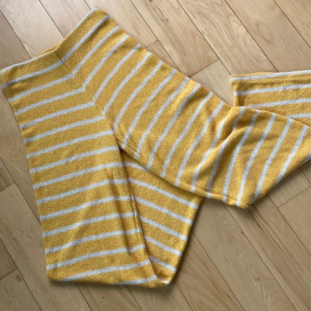 Zara Yellow Sheer Crochet Striped Knit Boho Wide Leg Coastal Beach Pants - Small
